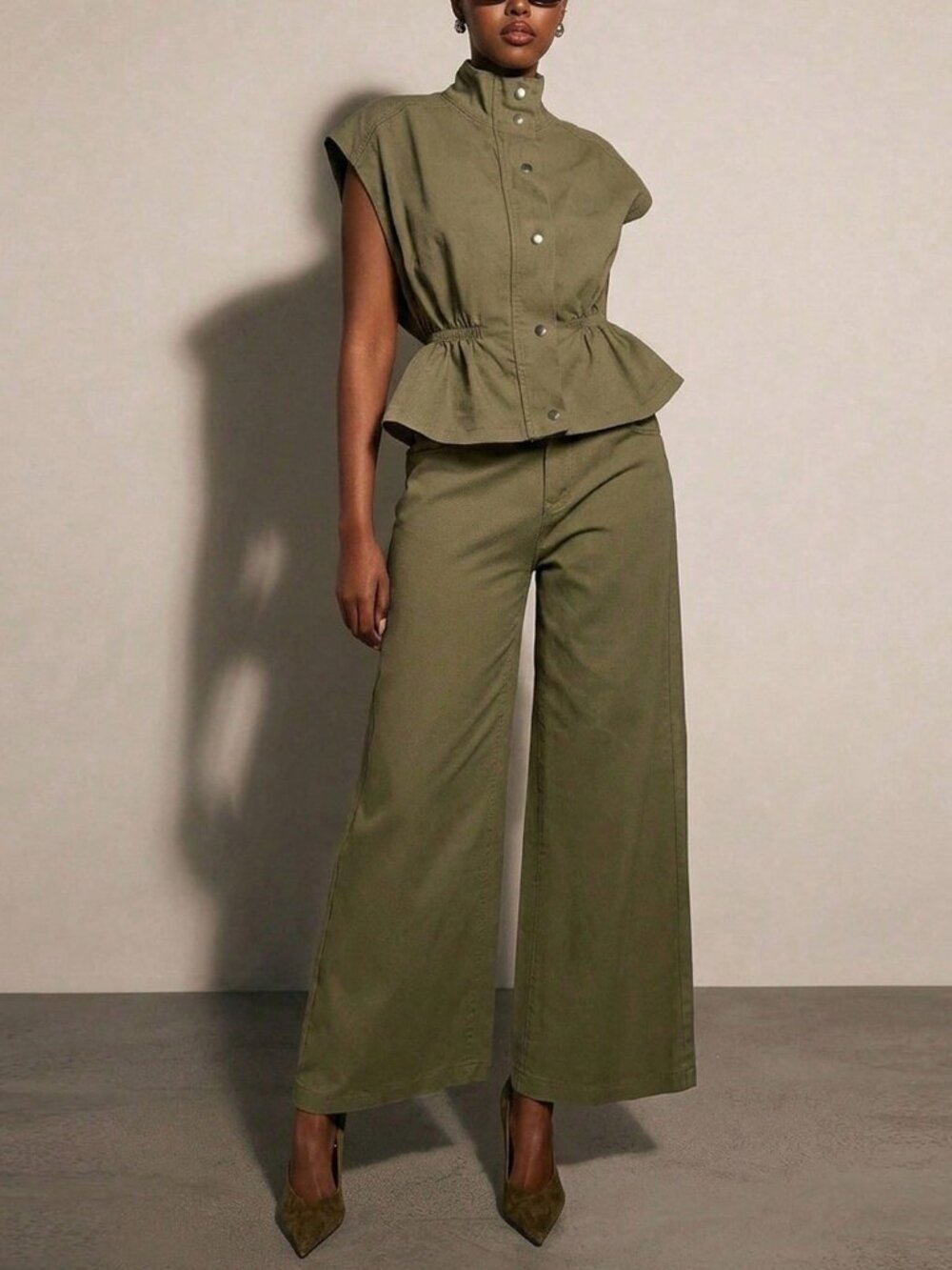 Army Green Elegant Women's Collared Pleated Denim Top & Denim Pants Set